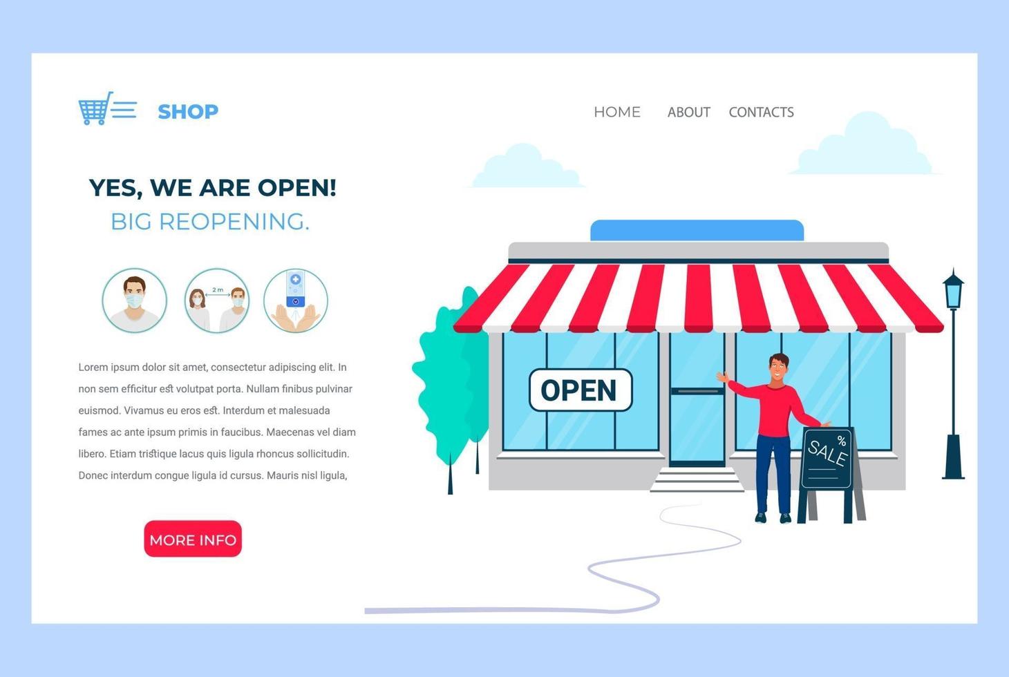 We are open. Reopening after pandemic. Vector illustration template for landing page, web banner.