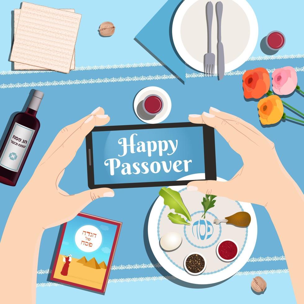 Passover dinner table with Traditional plate, matzo, wine. Hebrew text. vector