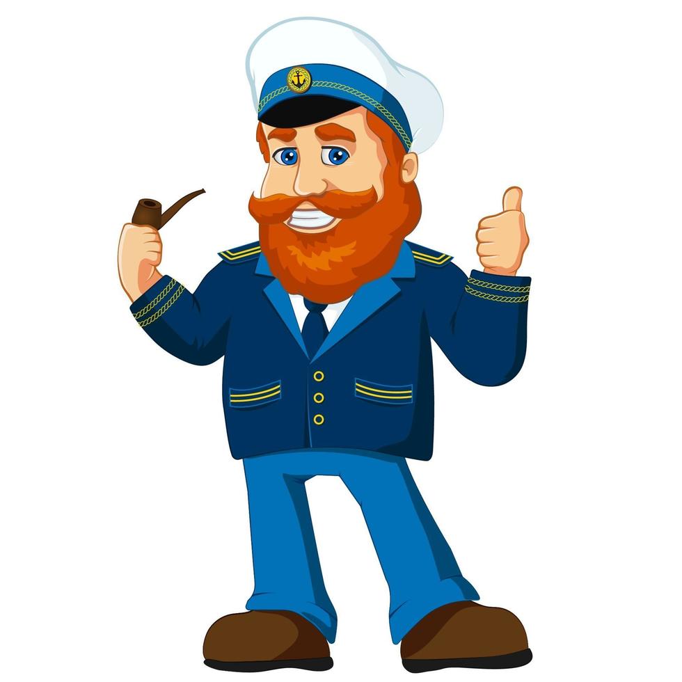 mascota de dibujos animados de carácter capitán de la marina, viejo marinero pelirrojo, capitán sonriendo, pipa de fumar en uniforme, con el pulgar hacia arriba. vector