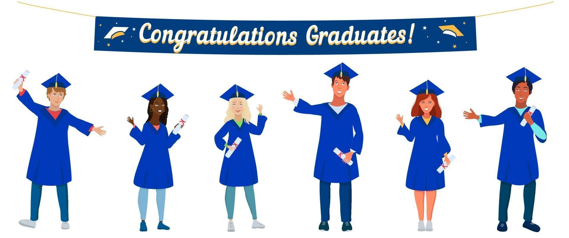 Group of happy multicultural graduate students wearing academic dress, gown or robe, holding diploma. Boys and girls celebrating university graduation, keeping distance. Class 2021 vector illustration.