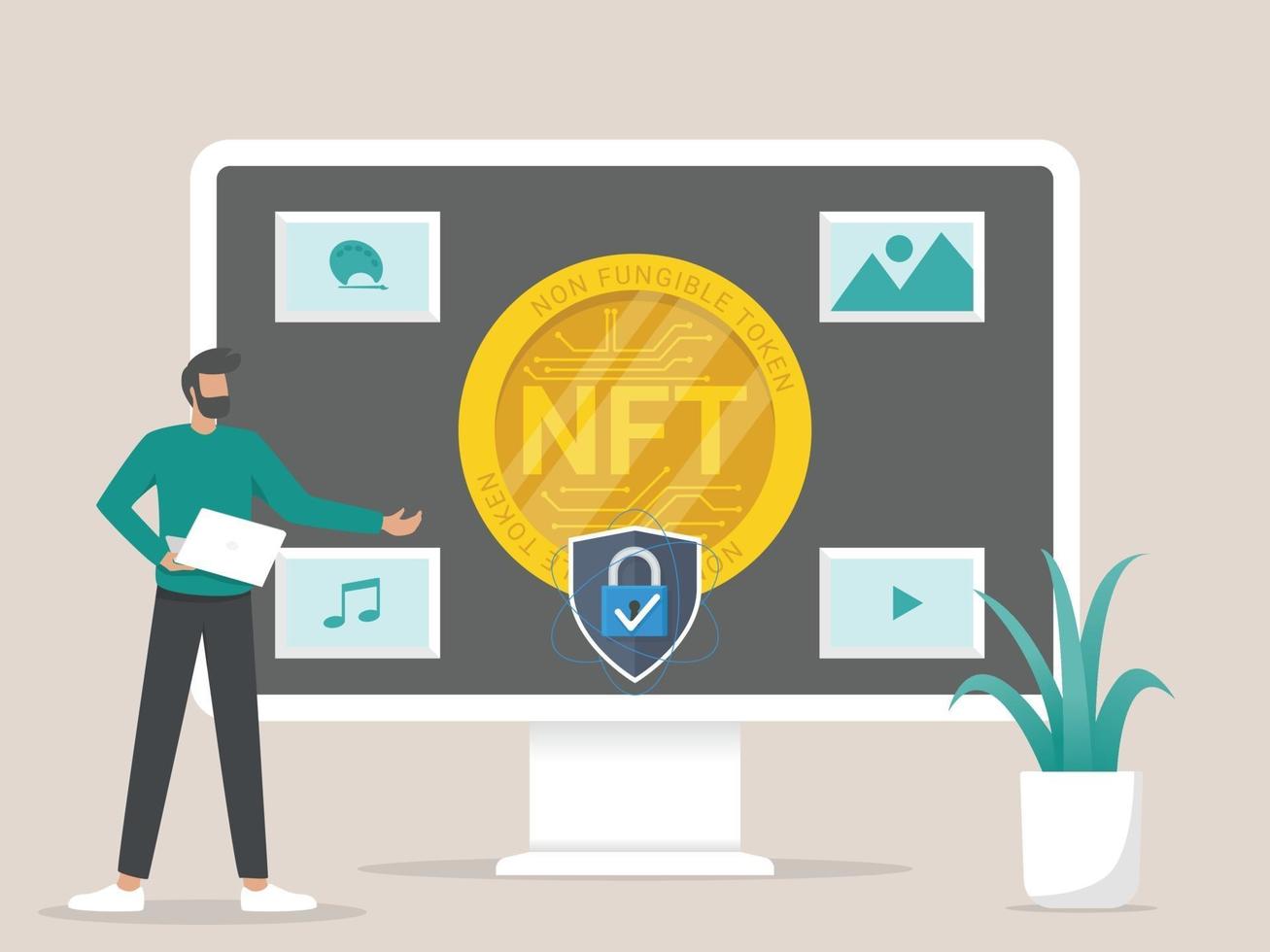 Illustration concept of converting artwork into digital NTF tokens vector
