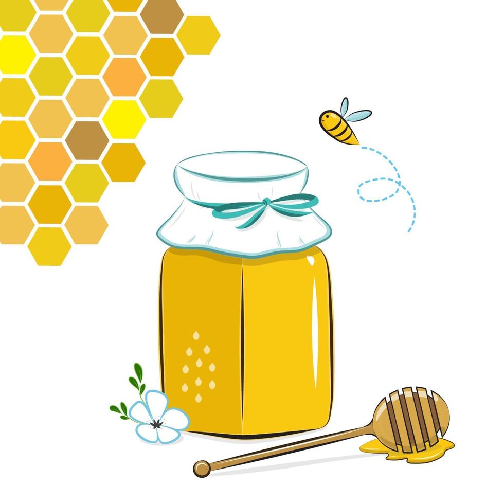 Honey jar, honeycomb and bee. Honey in glass jar with honey dipper and flower.. vector