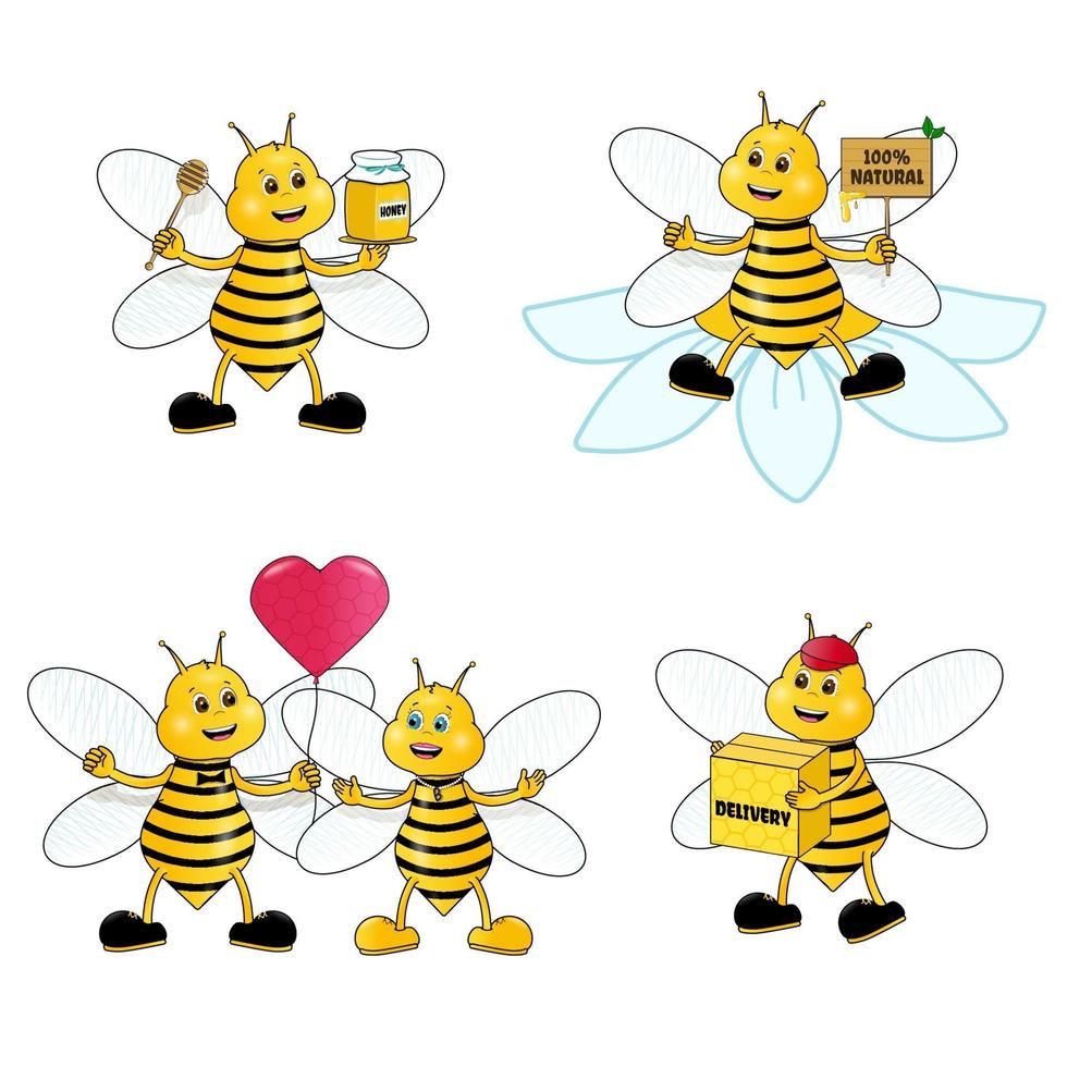 Cartoon cute bee mascot set. Honey bee holding a honey dipper, wearing cap, deliver natural product organic honey package, couple in love. Vector characters.