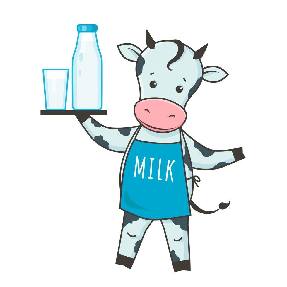 Lindo personaje de dibujos animados de vaca lechera con botella de leche y vaso de leche. vector