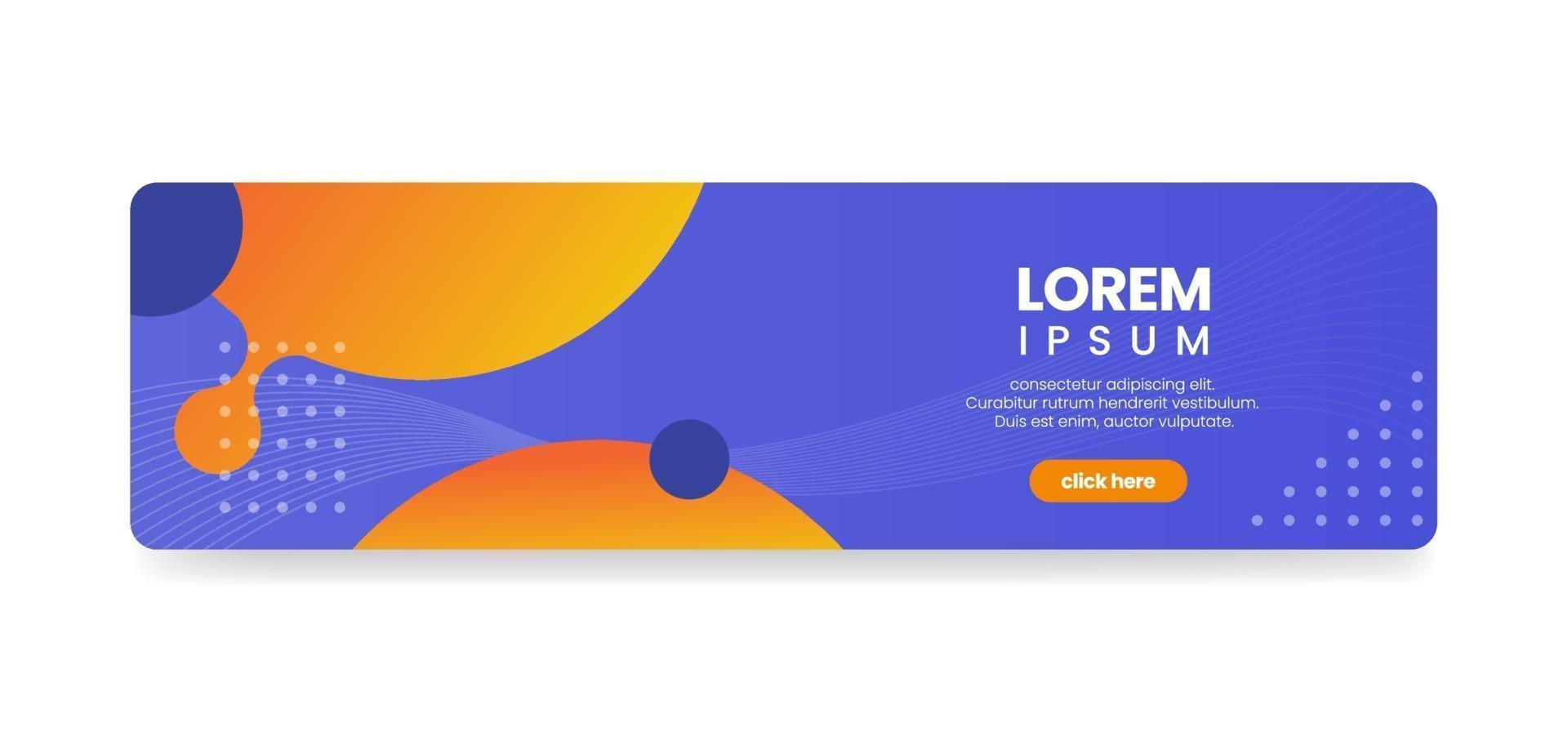 Horizontal web banner with push button, yellow liquid abstract shapes on purple background, rounded corner banner, vector illustration