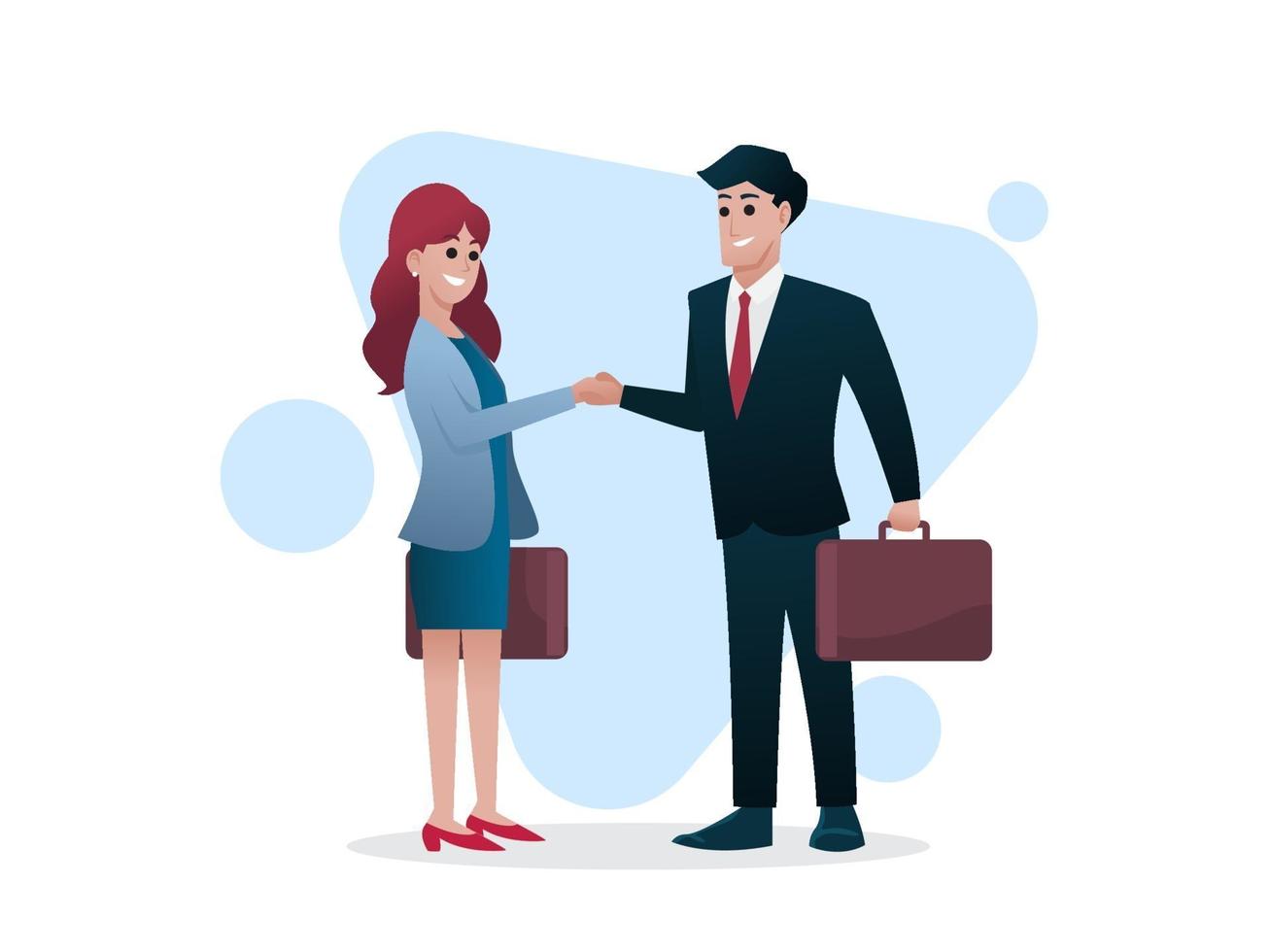 Man and woman with briefcase shake hands, business deal or investor concept, vector illustration