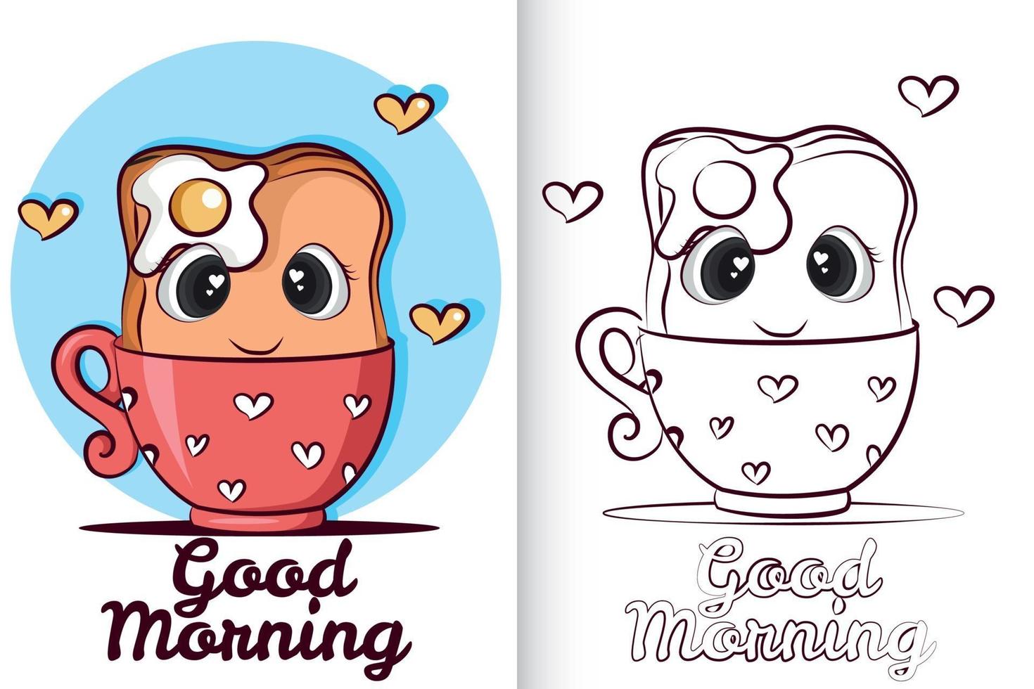 Cute bread with egg in cup. coloring book for preschool children. vector