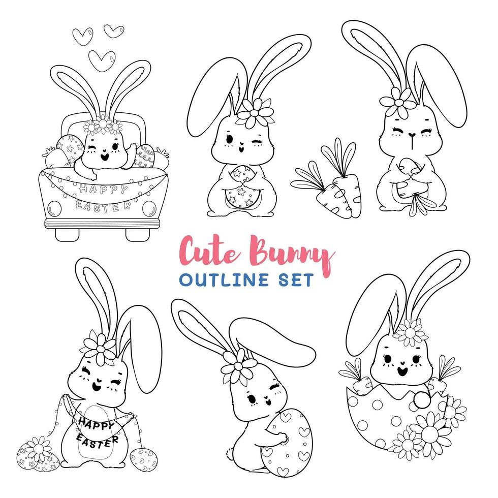 Cute digital stamp spring Easter bunny cartoon outline, coloring page or digital brush vector