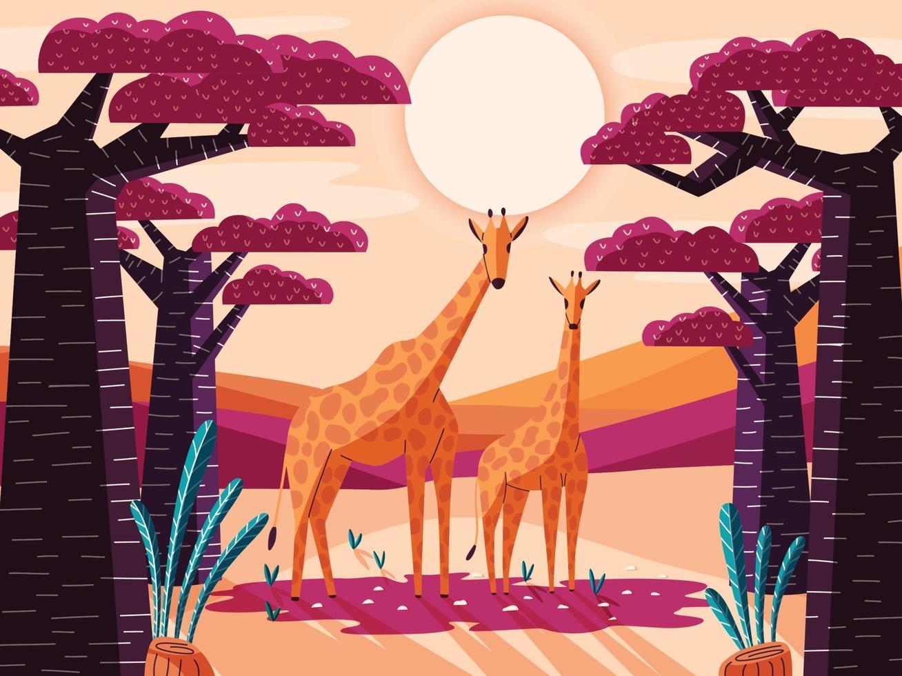Beautiful natural savannah landscape with giraffes and baobab trees. Panoramic colorful illustration with wild animals. Exotic scenery of African nature. vector
