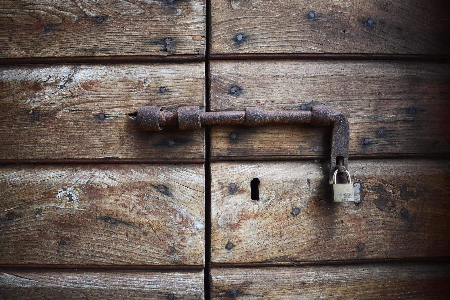 Old lock on a wood door photo