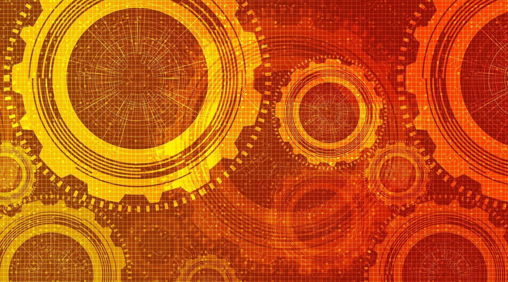 Modern Orange Digital Technology Gears wheel and Cock with Circuit Line Background. vector