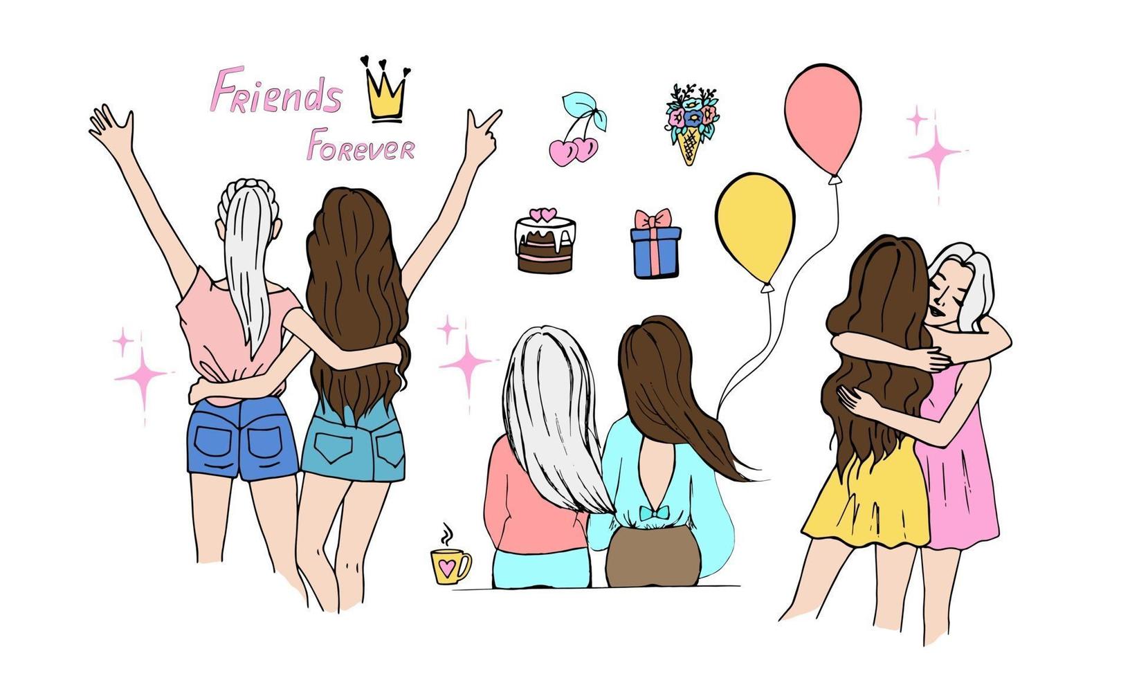 concepto de amistad femenina, conjunto de amigas en diferentes poses, estilo doodle. vector