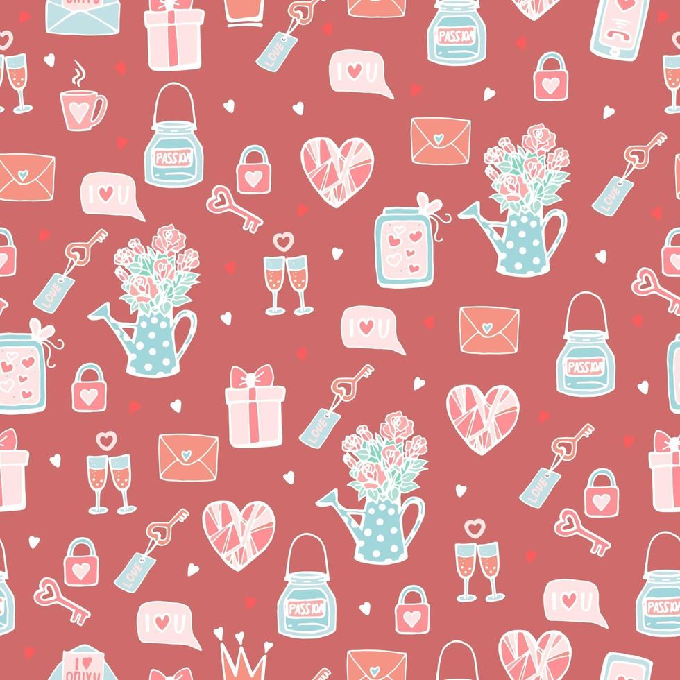 Seamless cute pattern for lovers or wedding, girl's pink pattern with elements in the style of doodle, hearts, love letter, roses, bouquet, lock with key, bicycle with flowers, hand draw. vector