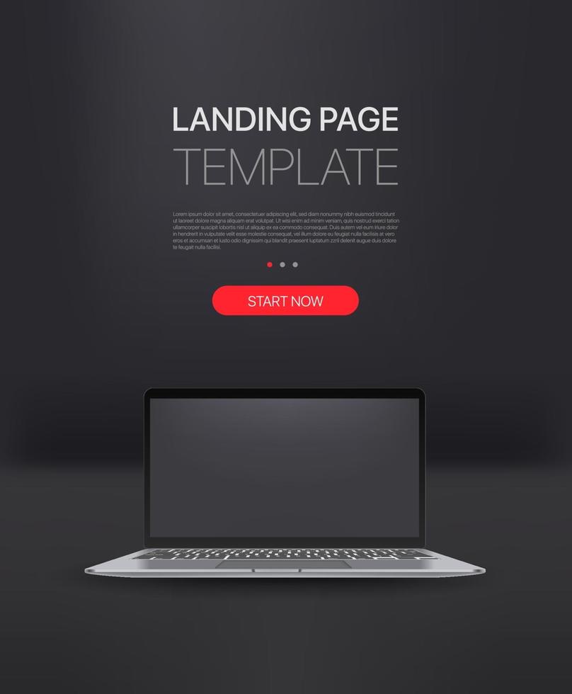 Promo landing page template with modern laptop. Template with sample text and button vector