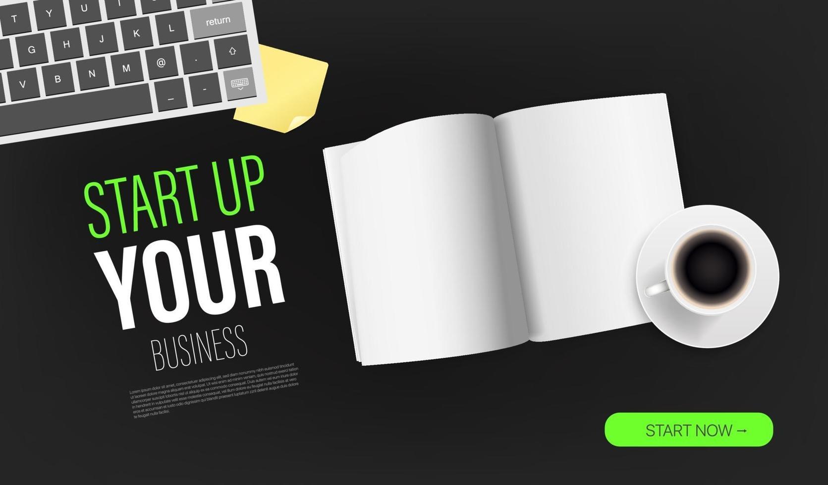 Start up your business promo landing page template with paper book and sample text. Top view vector layout