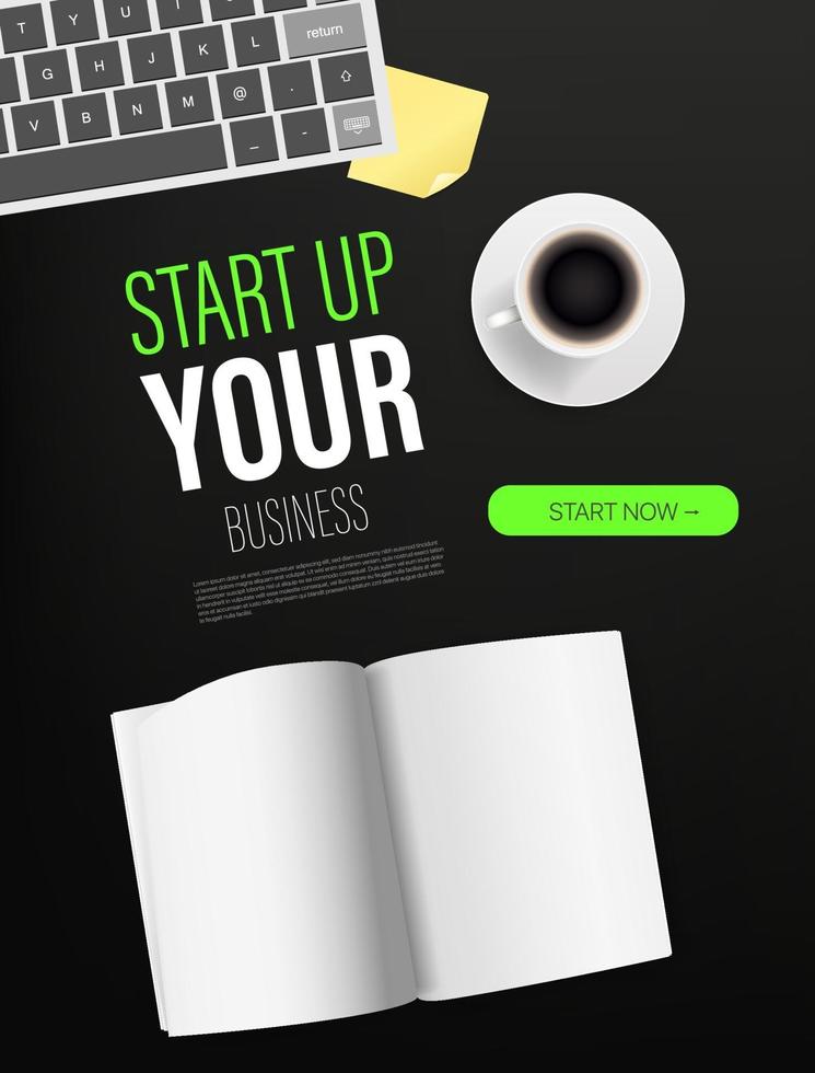 Start up your business promo landing page template with paper book and sample text. Top view vector layout