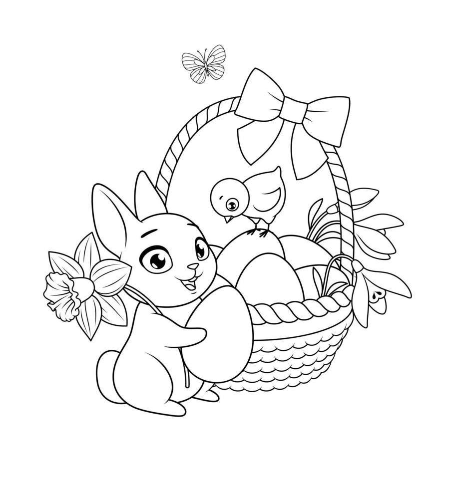lindo conejito y pollito con canasta llena de huevos y flores. Ilustración de vector blanco y negro de dibujos animados de saludo de Pascua para colorear página de libro.