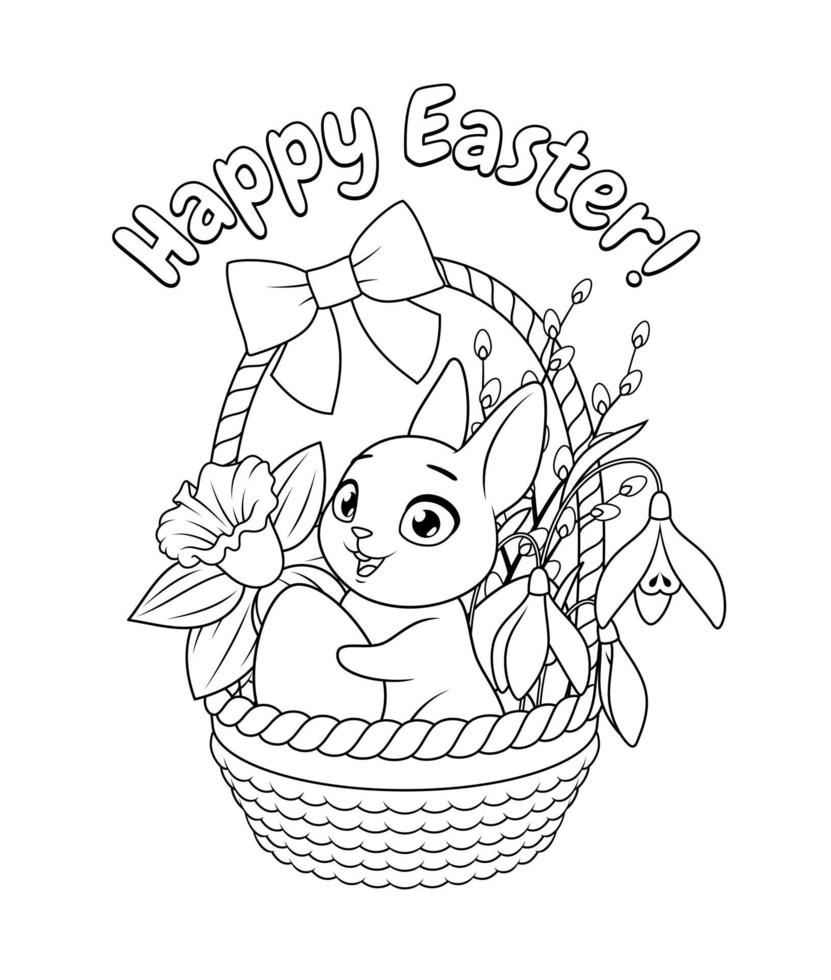 conejito lindo que sostiene el huevo en la canasta con flores de primavera. Ilustración de vector blanco y negro de dibujos animados de saludo de Pascua para colorear página de libro.