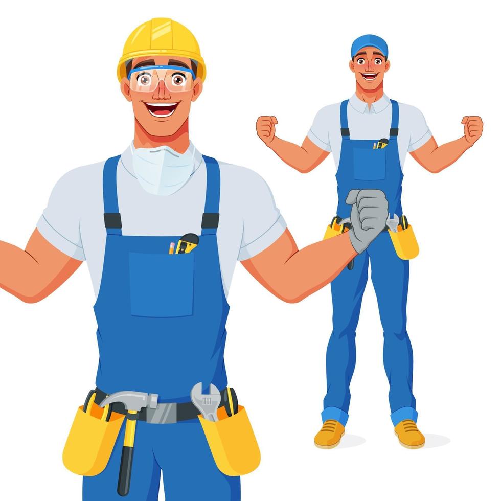 Excited handyman in bib overalls, hard hat and protective eyewear celebrating success with raised hands. Full size under clipping mask. Vector cartoon character isolated on white background.