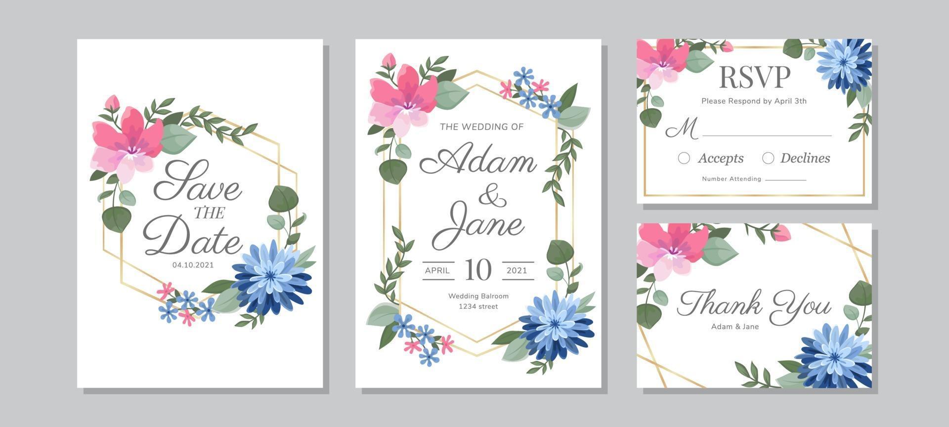 Colourful Flower with Gold Frame Wedding Invitation Set vector