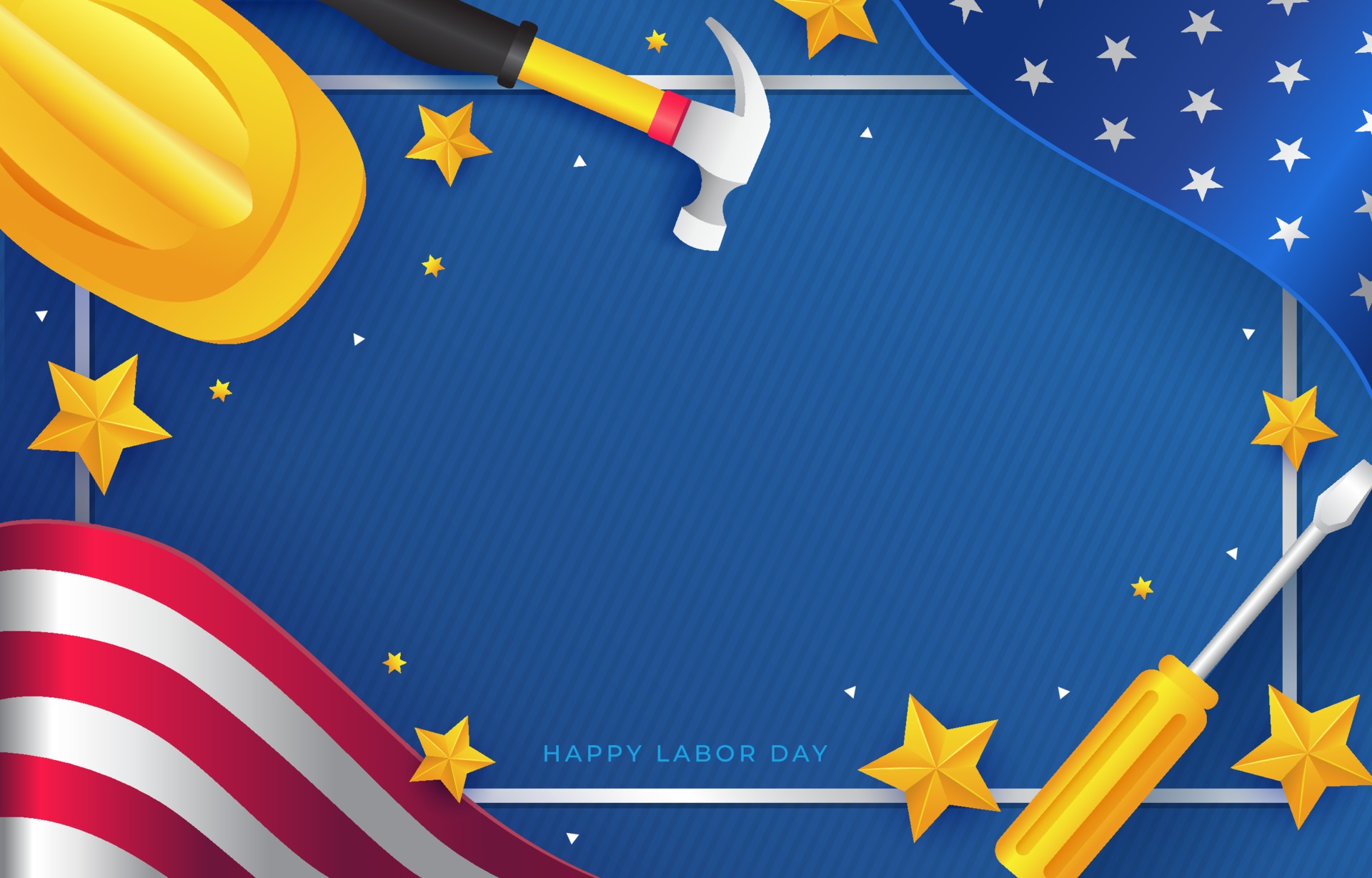 Labor Day Background with Worker Equipment and Waving US Flag 2188959