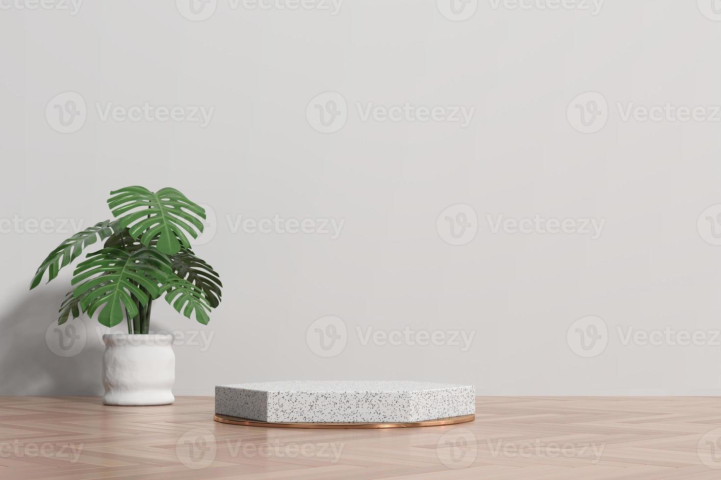 Marble podium for product display showcase with monstera pot decoration, 3d rendering photo