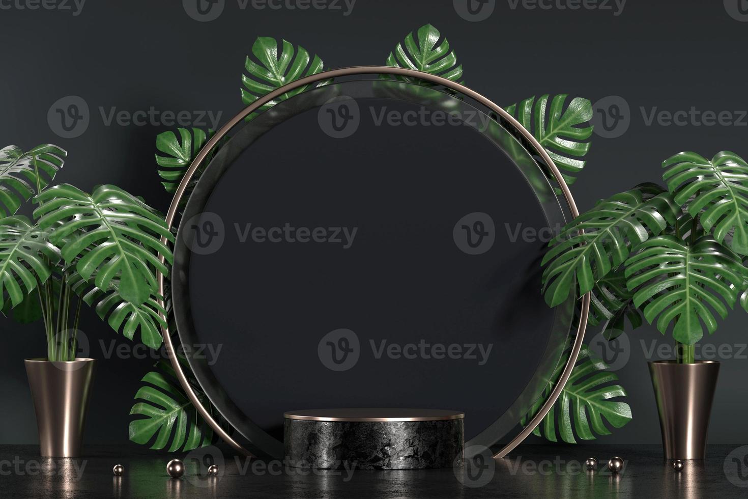 Abstract black podium for product display showcase with monstera leaves decoration, 3d background rendering photo