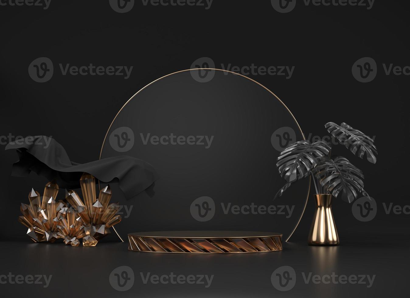 Abstract podium with monstera pot and crystals decoration in black background, 3d render photo