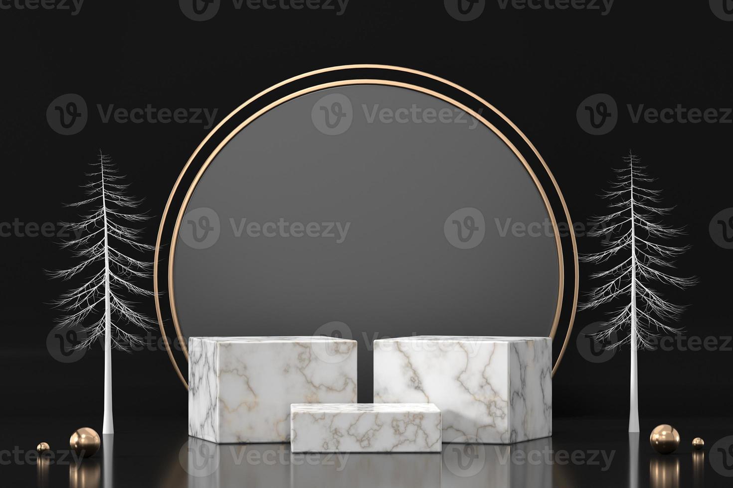 Marble podium for product display showcase in black background, 3d rendering photo