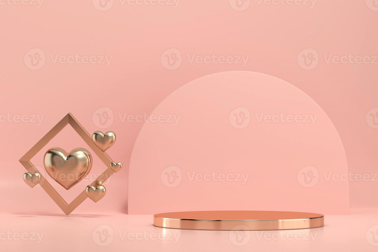 Plataforma del podio del escenario dorado del día de San Valentín con decoración de corazones para la exhibición de productos, render 3d foto