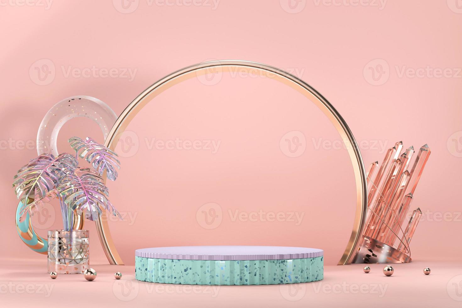Podium for product display showcase with monstera pot and crystal decoration, 3d rendering photo