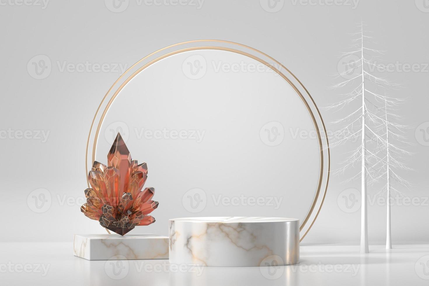 Marble podium for product showcase with crystal in white background, 3d rendering photo