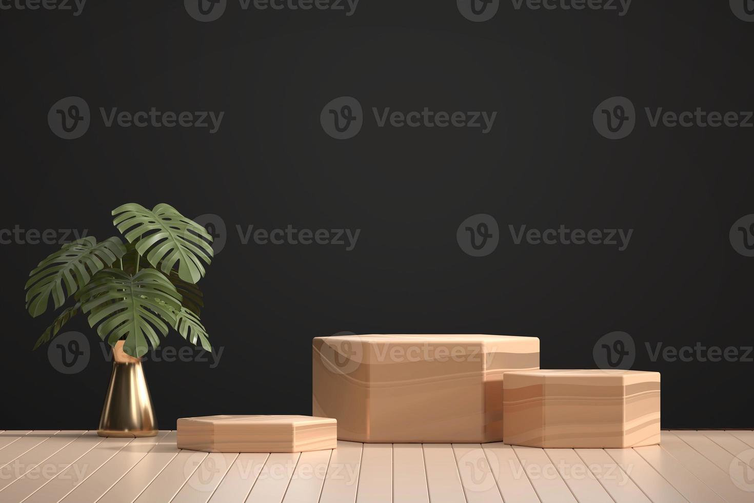 Wooden podium for product display showcase with monstera pot decoration, 3d rendering photo