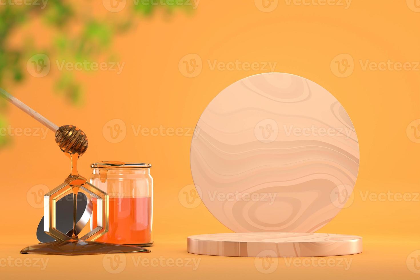 Honey syrup and wooden platform banner backdrop, 3D render photo