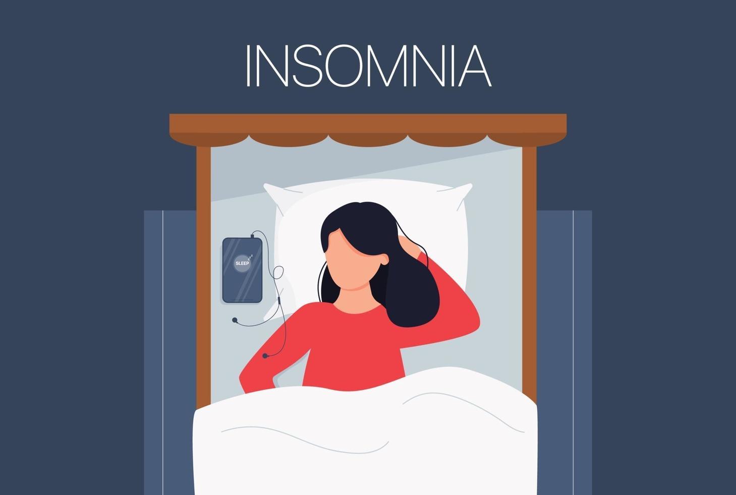 Sleepless woman face character suffers from insomnia. Insomniac lying in darkness night lying on bed concept. vector