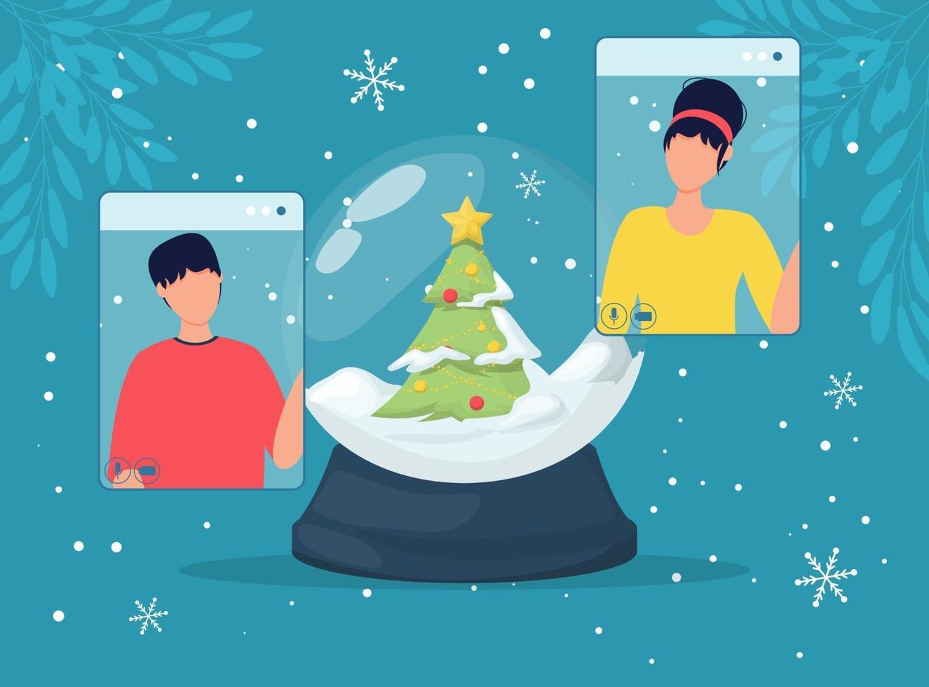 Online Christmas celebration snow globe and people phone screen. vector