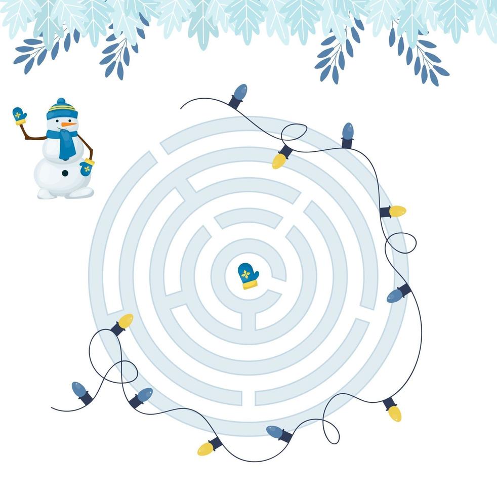 Maze game for christmas homeschooling kids. Circular maze puzzle task. Winter leisure riddle shape, search right path. vector