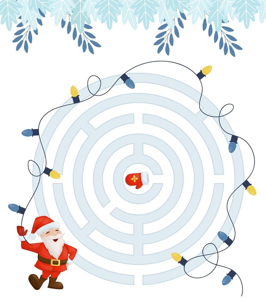 Maze game for christmas homeschooling kids. Circular maze puzzle task. Winter leisure riddle shape, search right path. vector