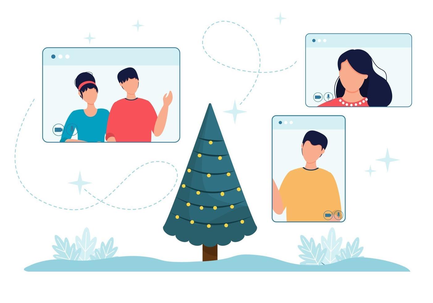 Celebración de Navidad en línea, personas, pantalla de teléfono y árbol de Navidad ilustración vectorial pantallas de teléfono de computadora con personas vector