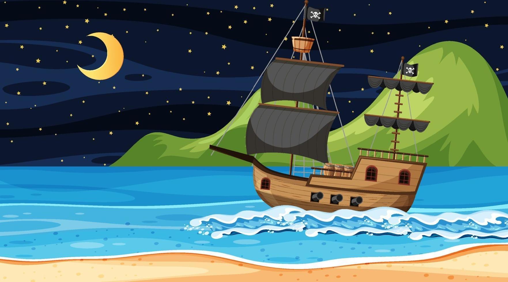 Ocean with Pirate ship at night scene in cartoon style vector