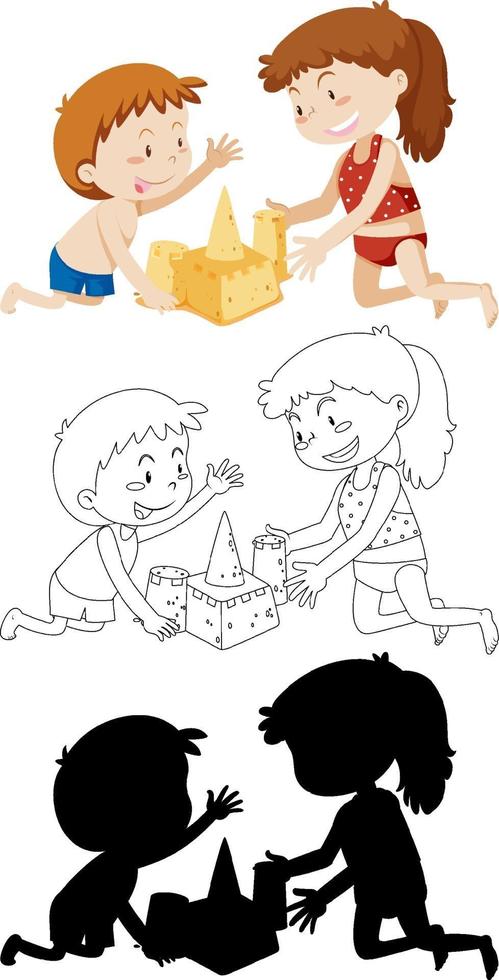 Kids building sand castle in color and in outline and silhouette vector