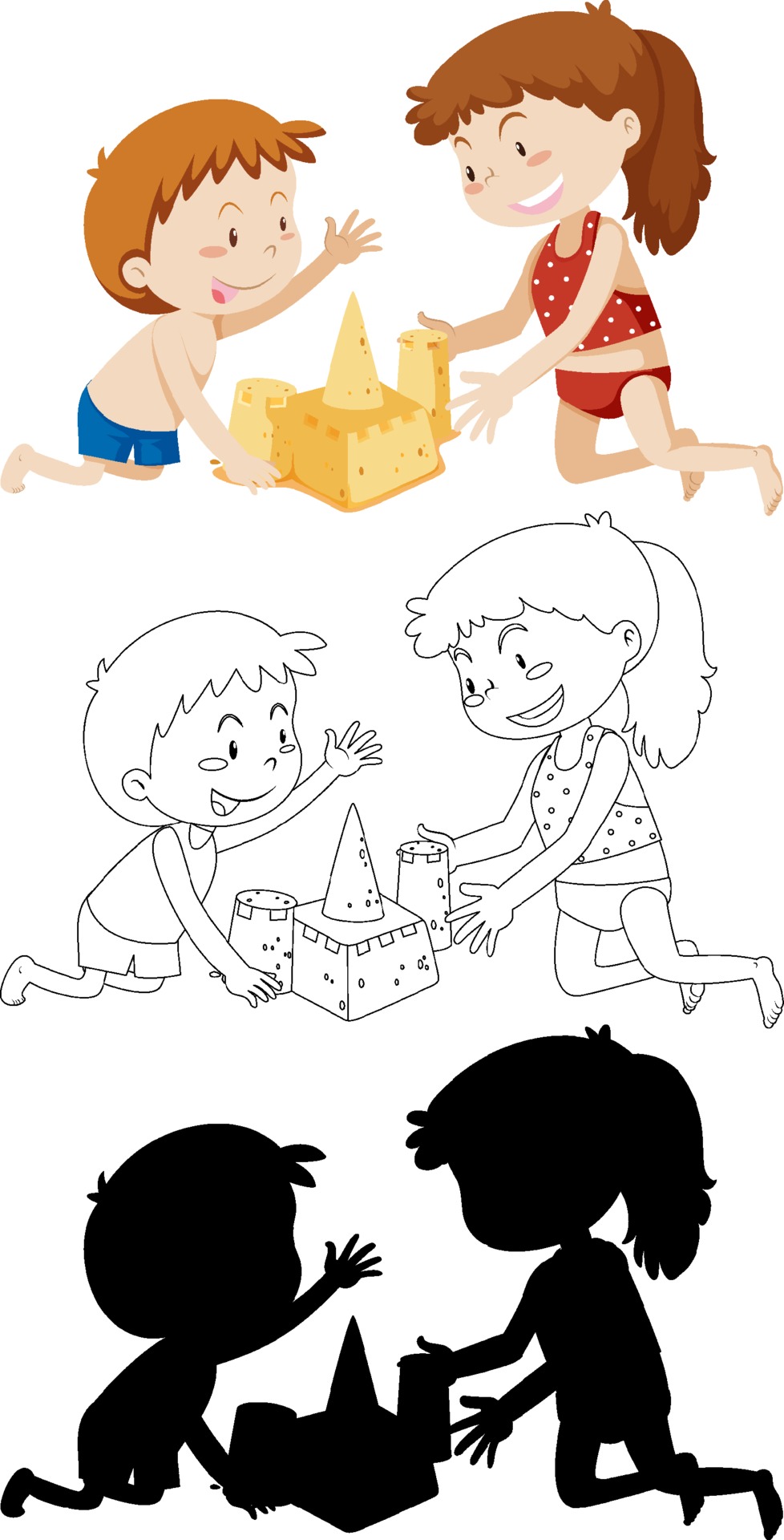 Kids Building Sand Castle In Color And In Outline And Silhouette 2189085 Vector Art At Vecteezy