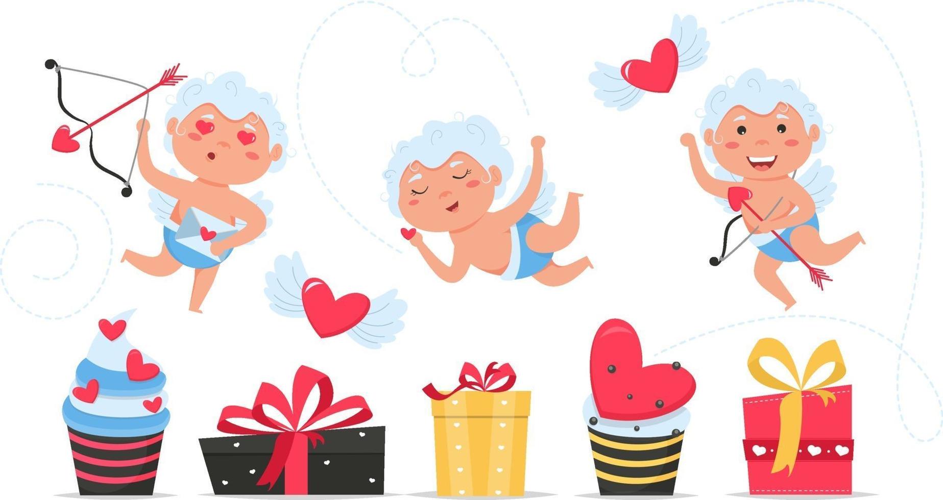 San Valentín Cupido amor ángeles juguetones. Cupido niño o niña con caja de regalo. vector