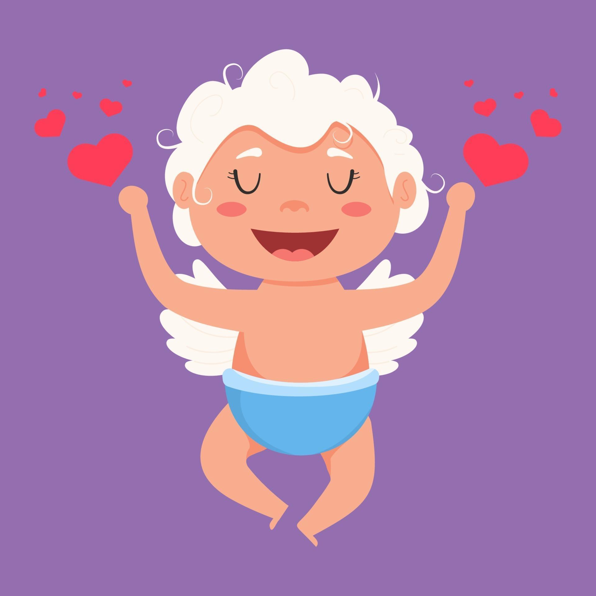 Valentine Cupid love playful angel. Cute boy or girl cupid. Flying angel love shoots hearts. vector