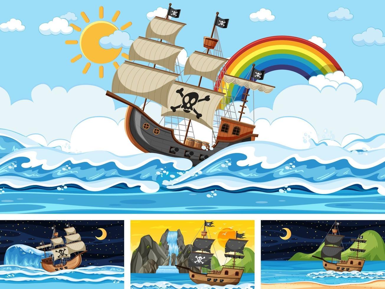 Set of Ocean with Pirate ship at different times scenes  in cartoon style vector