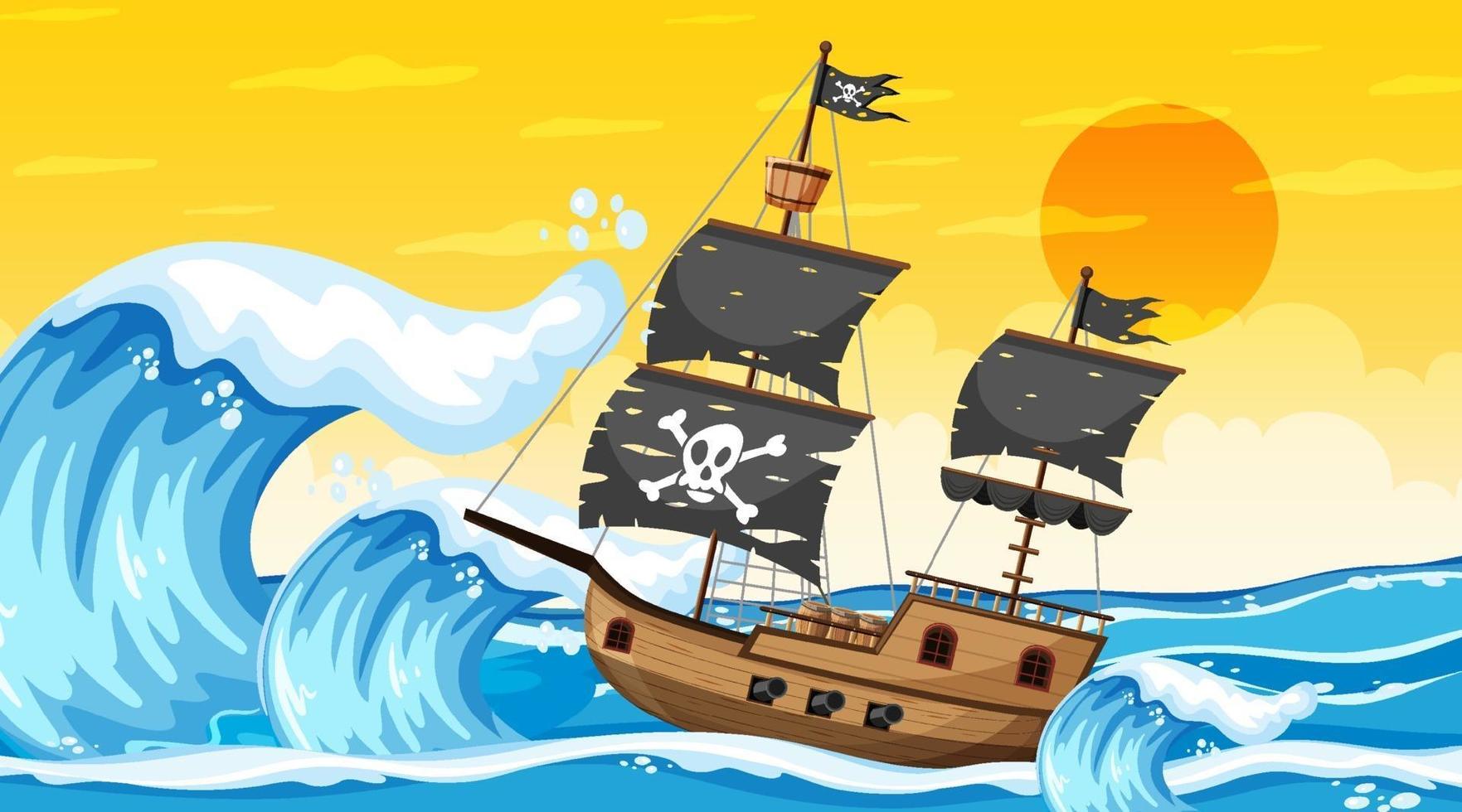 Océano con barco pirata en la escena del atardecer en estilo de dibujos animados vector