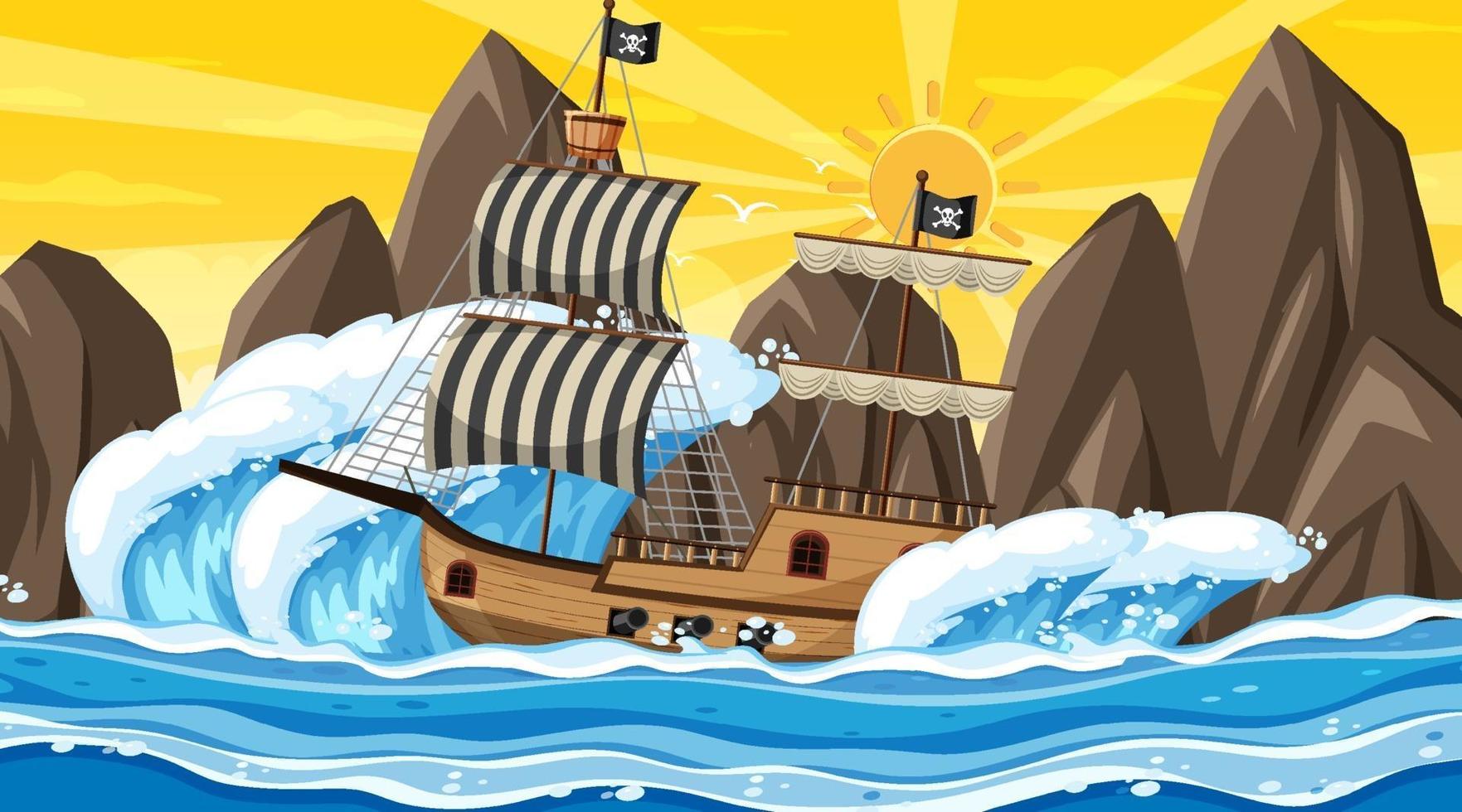 Océano con barco pirata en la escena del atardecer en estilo de dibujos animados vector