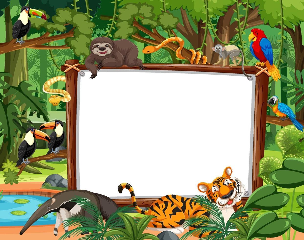 Blank banner in the rainforest scene with wild animals vector