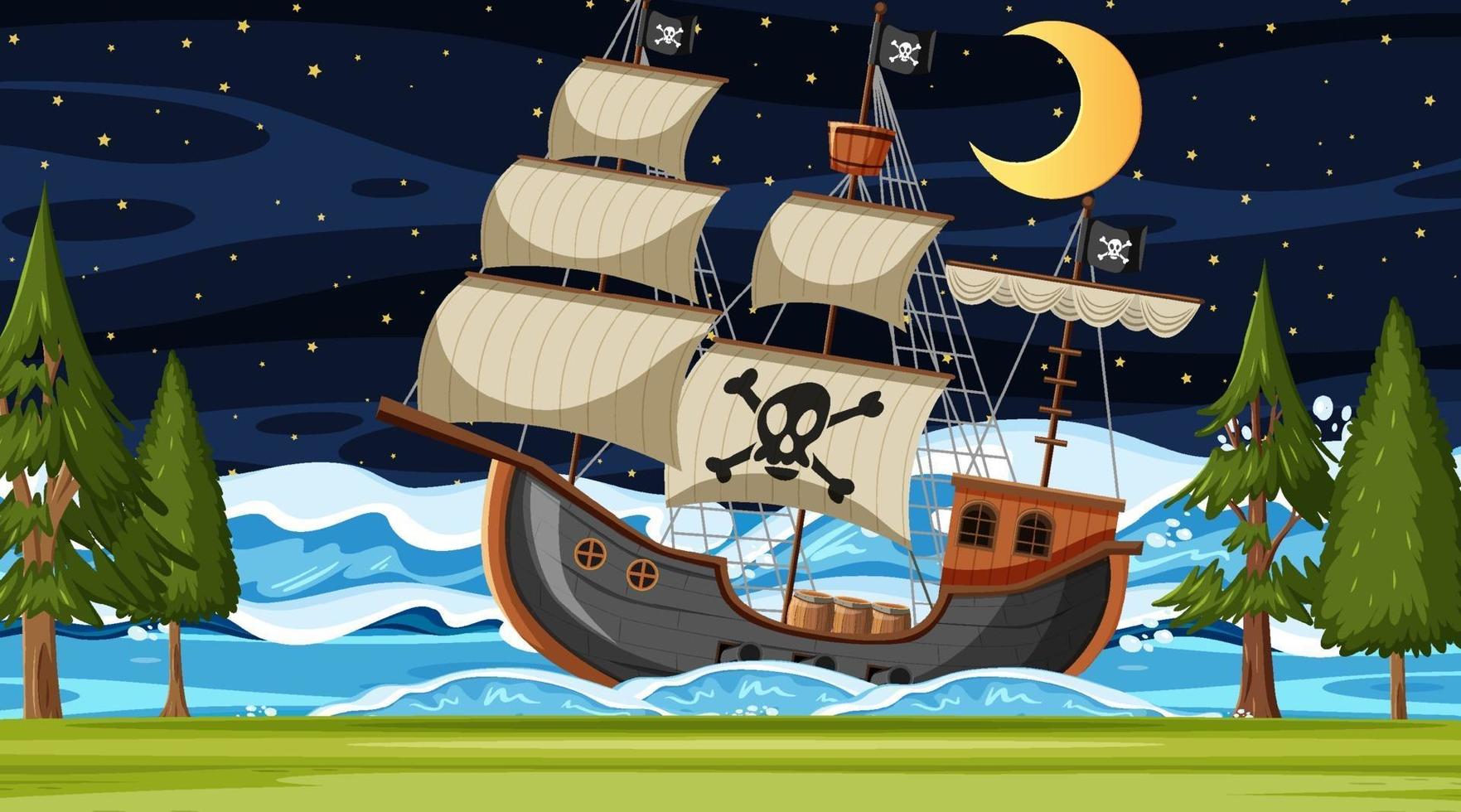 Ocean with Pirate ship at night scene in cartoon style vector