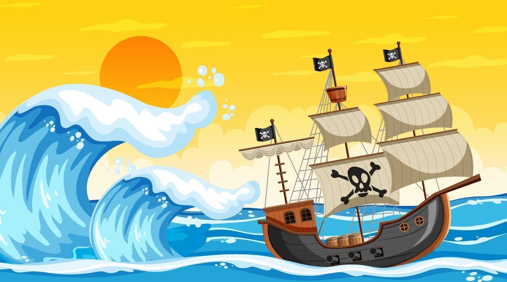 Ocean scene at sunset time with Pirate ship in cartoon style vector